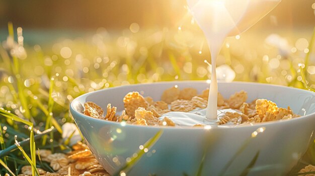 Nalewanie świeżego mleka do miski z płatkami w angielskich polach wiejskich w słoneczny poranek na śniadanie