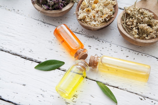 Nalewki zioła w szklanych butelkach i suche zioła na drewnianym stole. Koncepcja tradycyjnej medycyny i leczenia ziołami.