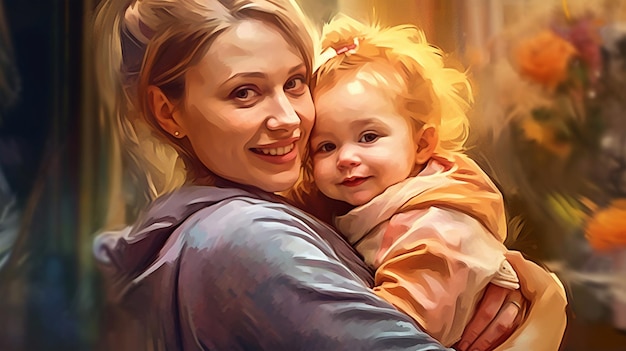Namalowany obraz młodej matki trzymającej córkę na rękach rodzicielstwo dzień matki Wygenerowana sztuczna inteligencja