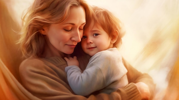 Namalowany obraz młodej matki trzymającej syna w ramionach rodzicielstwo dzień matki Wygenerowana sztuczna inteligencja