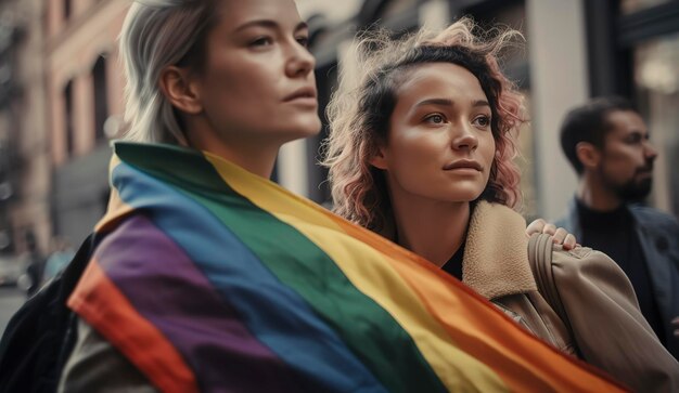 Namiętny pocałunek kobiet z flagą LGBTQ i żywymi wstążkami tworzy kolorową scenę Generative AI