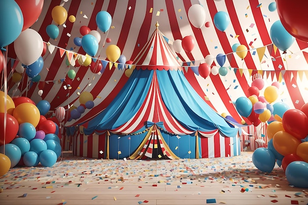 Namiot cyrkowy z balonami i konfetti renderowania 3D