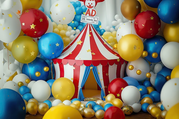 Zdjęcie namiot cyrkowy z klaunem na szczycie i znakiem mówiącym 