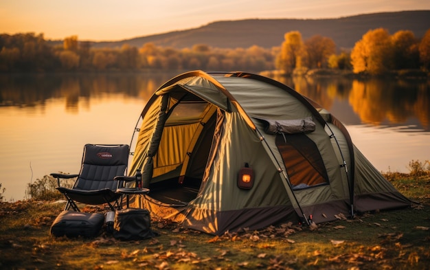 namiot do łowienia karp i pręty na tle jeziora lub rzeki i przyrody rano