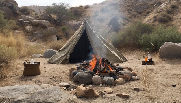 Zdjęcie namiot jest ustawiony na pustyni z ogniskiem na pierwszym planie.