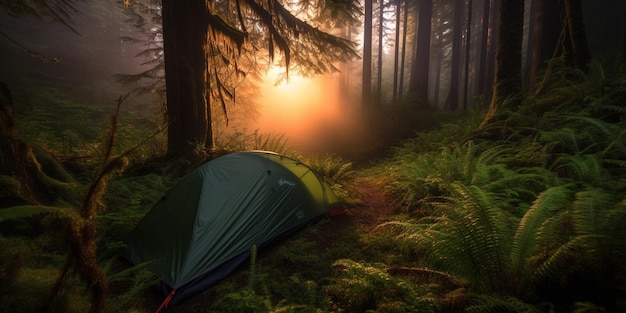 Namiot jest w lesie, a słońce świeci przez drzewa.