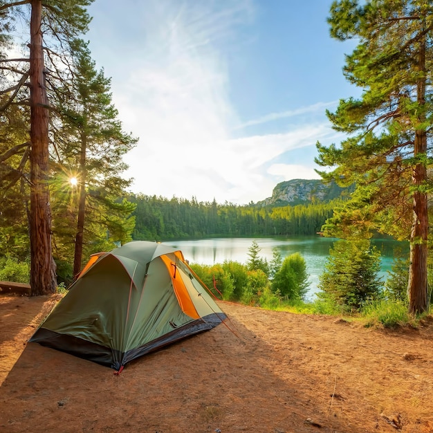 namiot kempingowy na terenie kempingu w parku narodowym Turyści obozowali w lesie na brzegu jeziora