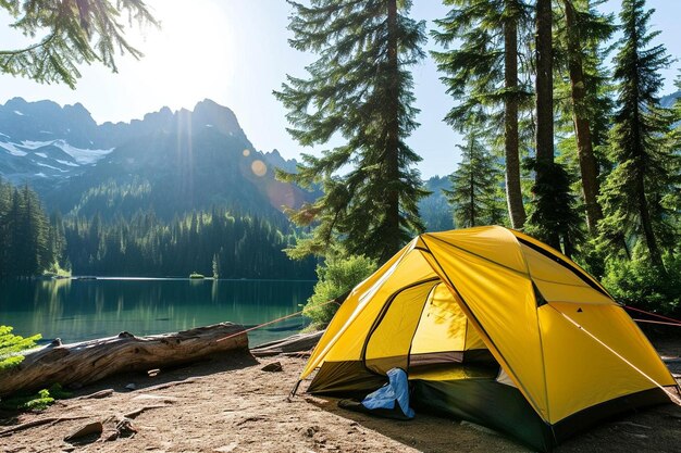 Namiot kempingowy w pobliżu jeziora i gór
