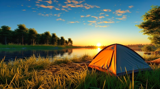 namiot na brzegu jeziora Spokojne schronienie wśród przyrody Piękno wędrówki i rekreacja na świeżym powietrzu