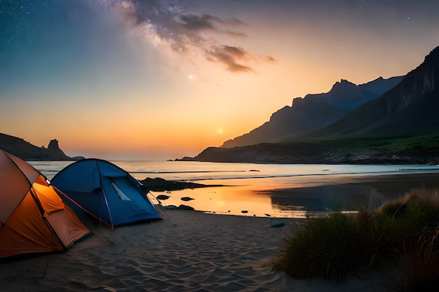 Namiot na plaży o zachodzie słońca z górą w tle.