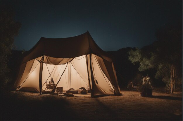 namiot na pustyni z błękitnym niebem i drzewem w tle.