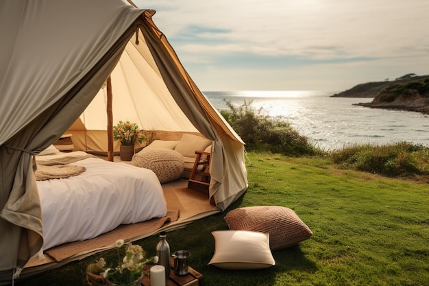 Namiot na świeżym powietrzu z luksusowym łóżkiem położony na bujnej nadmorskiej łące w złotą godzinę Kemping z luksusem i pięknem natury Generatywna sztuczna inteligencja
