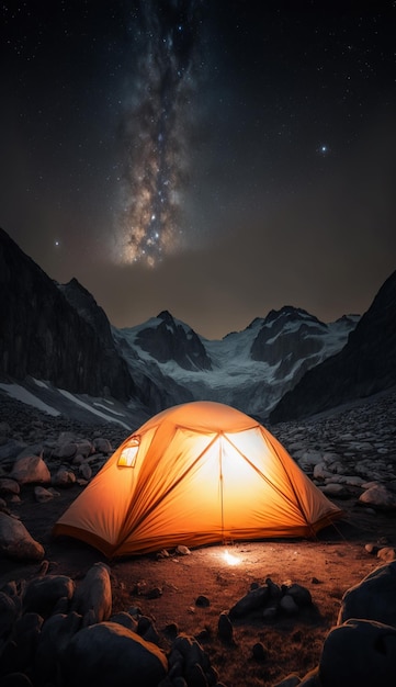 Namiot przed rozgwieżdżonym nocnym niebem