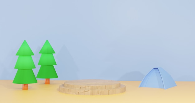 Namiot renderujący 3d i drzewo pośrodku piasku z drewnianym podium do prezentacji produktów kempingowych i harcerskich w tle
