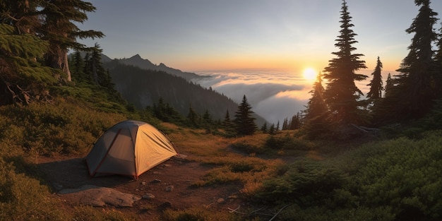 Namiot rozbija się w górach o wschodzie słońca.