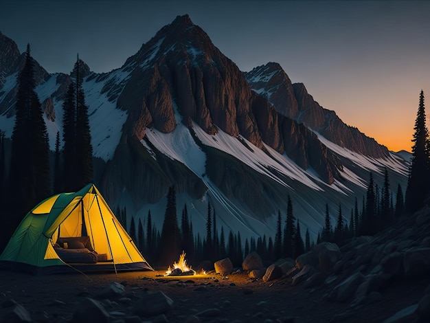 Namiot turystyczny biwakujący w górach o zachodzie słońca ai generatywny