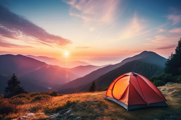 Namiot turystyczny w górach o świcie latem