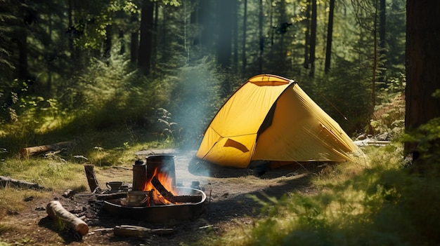 Namiot turystyczny z ogniskiem w letnim zielonym lesie na świeżym powietrzu generowany przez AI