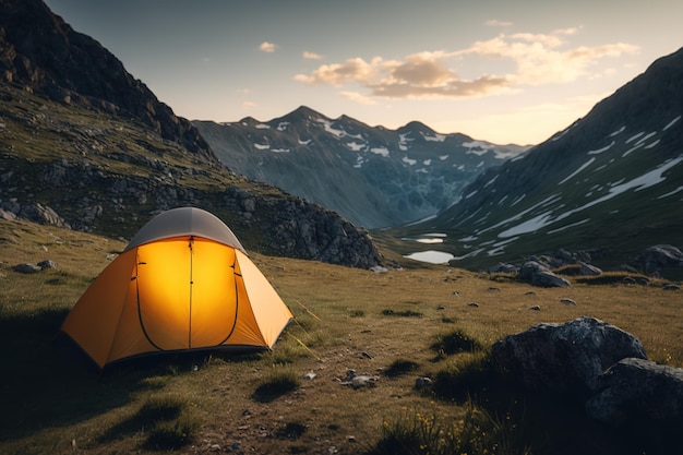 Zdjęcie namiot w górach o zachodzie słońca