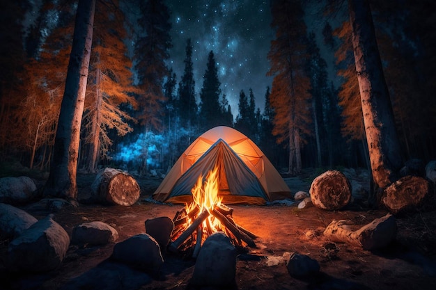 Namiot w lesie z ogniskiem na pierwszym planie.