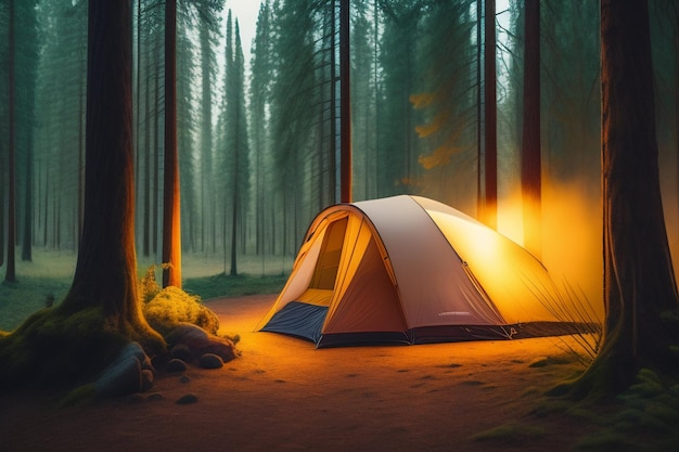 Namiot w lesie z włączonym światłem