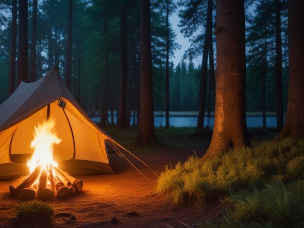 Zdjęcie namiot z ogniem i ogniem w lesie