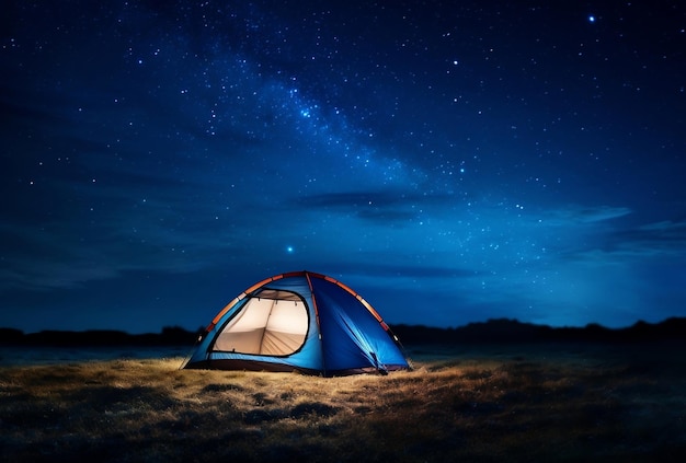 Zdjęcie namioty kempingowe lśnią pod nocnym niebem pełnym gwiazd