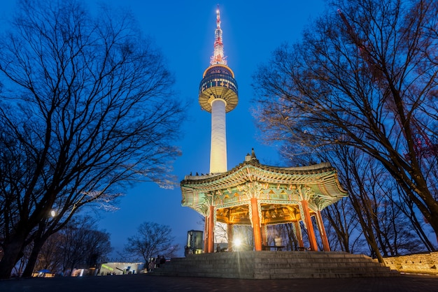 Namsan Góra, Seul Wierza Przy Nocą W Seul, Południowy Korea