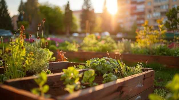 Napadnięte łóżka w miejskim ogrodzie rosnące rośliny zioła przyprawy warzywa i kwiaty w mieście Gener