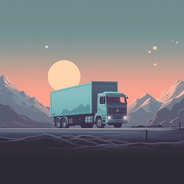 Napęd ciężarówki w krajobrazie przyrody z górami w nocy ilustracji wektorowych