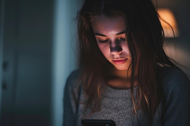 Napięta młoda kobieta wykazuje niepokój podczas czytania wiadomości przez telefon