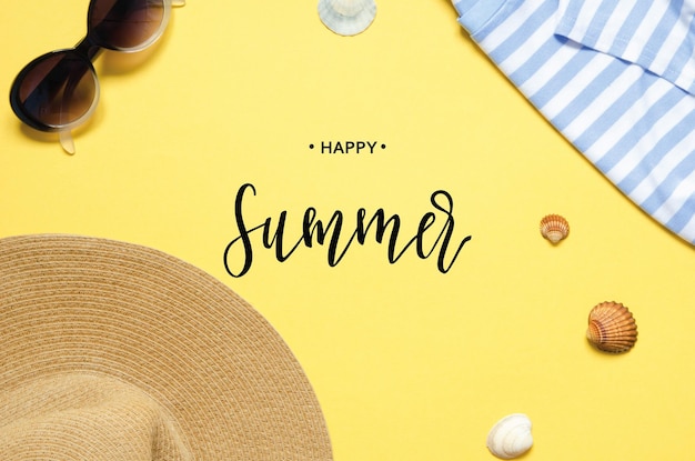 Napis Happy Summer Summer Vacation concept płaskie leżał Akcesoria plażowe widok z góry Obraz