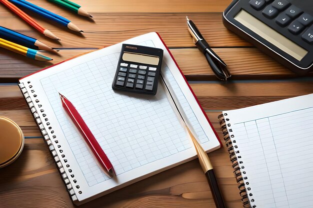 Napis książki szkolnej, kalkulatora, notatnika i innych artykułów na brązowym drewnianym stole