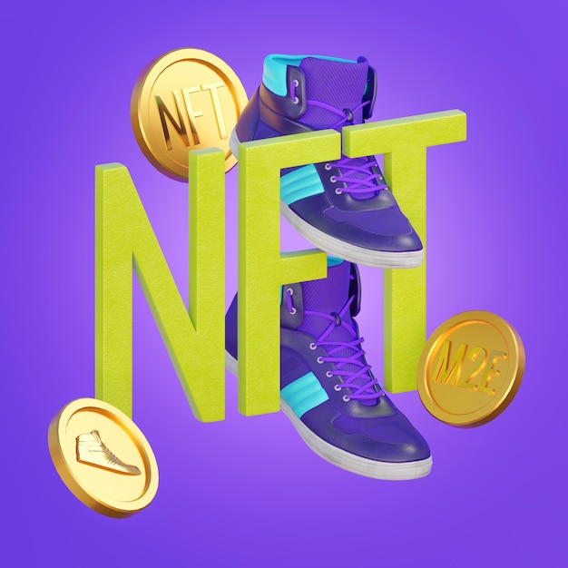 Napis NFT z trampkami i monetami 3d ilustracja krypto trendu MOVE TO EARN