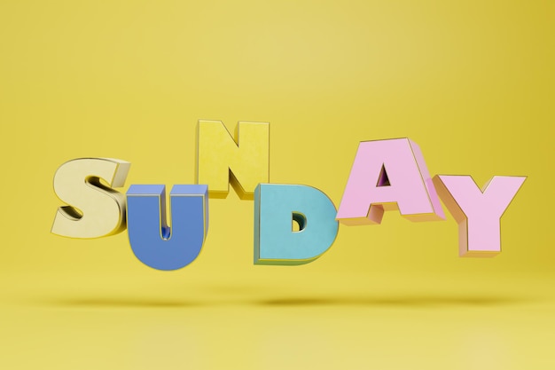 Napis Sunday składa się z dużych wielobarwnych liter na żółtym tle renderowania 3D