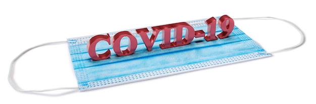 Napisz COVID 19 na masce na twarz. Koncepcja koronawirusa. renderowanie 3d