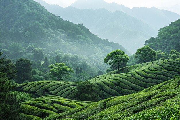 Napisz o kontrastech żywych zielonych krzewów herbaty generatywnych ai