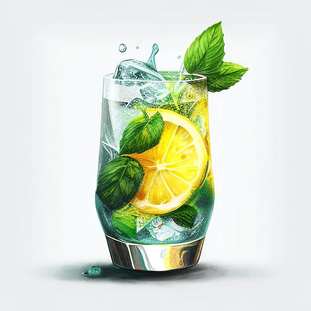 Napój lemoniadowy ze świeżą miętą cytrynową i lodem Generative AI Odświeżający cytrusowy koktajl mojito na jasnym tle