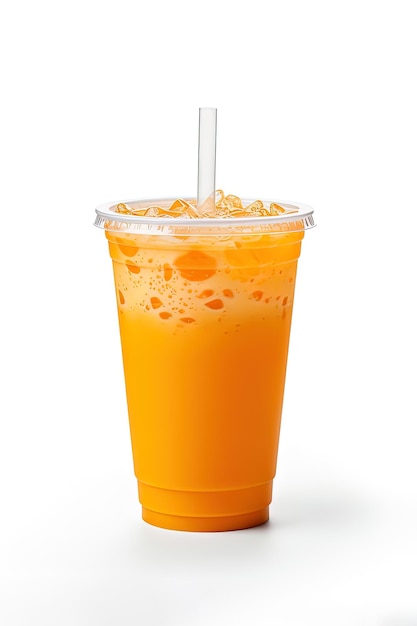 Napój w kolorze pomarańczowym w plastikowym kubku izolowanym na białym tle Koncepcja napojów na wynos