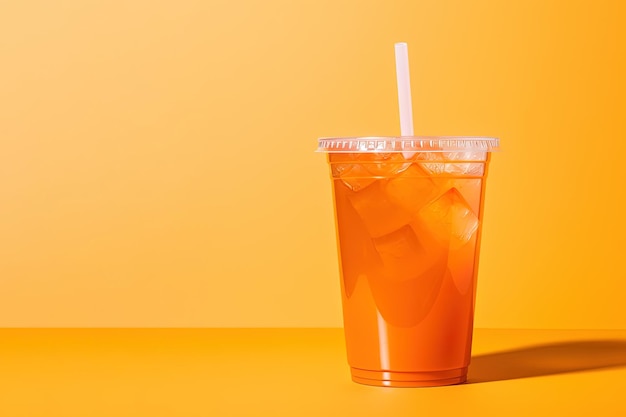 Napój w kolorze pomarańczowym w plastikowym kubku odizolowanym na pomarańczowym tle Koncepcja napojów na wynos