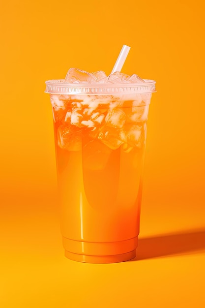 Napój w kolorze pomarańczowym w plastikowym kubku odizolowanym na pomarańczowym tle Koncepcja napojów na wynos