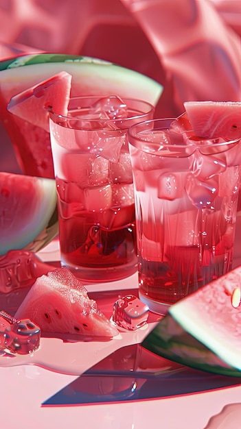 Zdjęcie napój z arbuza w kieliszkach z kawałkami arbuza