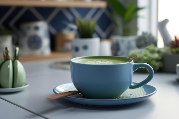 Napój z zielonej herbaty matcha na blacie kuchennym AI Generated