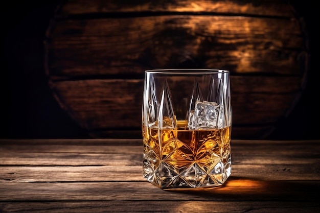 Napoje whisky Musisz pić whisky z lodem, wtedy whisky smakuje lepiej z dębowej beczki Napój alkoholowy z lodową whisky lub koniakiem zbliżenie na tle dębowej beczki do starzenia