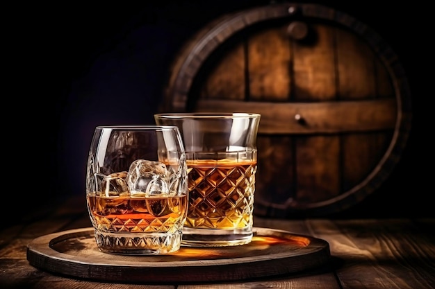 Napoje whisky Musisz pić whisky z lodem, wtedy whisky smakuje lepiej z dębowej beczki Napój alkoholowy z lodową whisky lub koniakiem zbliżenie na tle dębowej beczki do starzenia