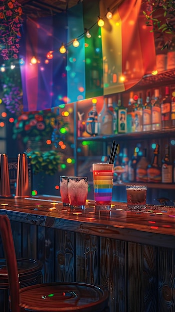 Napoje z flagą LGBTQ na drewnianym stole w barze Pride toast generatywny AI