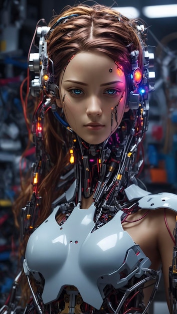 Naprawa Androida Revival Cyborg Girl w laboratorium DIY za pomocą narzędzi i przewodów Sparks