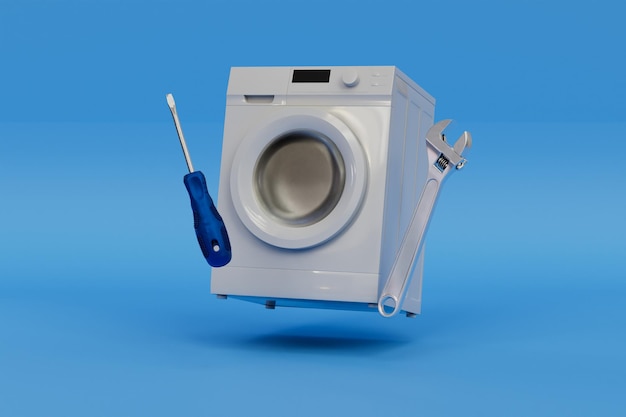 Naprawa pralki śrubokręt i klucz do pralki na niebieskim tle renderowania 3D