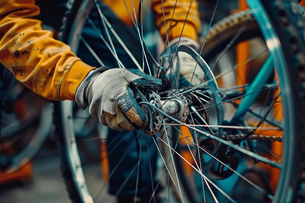 Naprawiciel rowerów naprawiający oponę rowerową pokazując wiedzę na temat naprawy rowerów