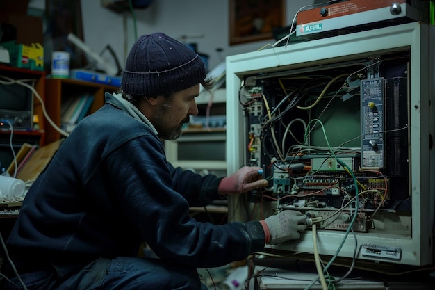 Naprawiciel telewizora naprawiający telewizor pokazując umiejętności naprawy elektroniki